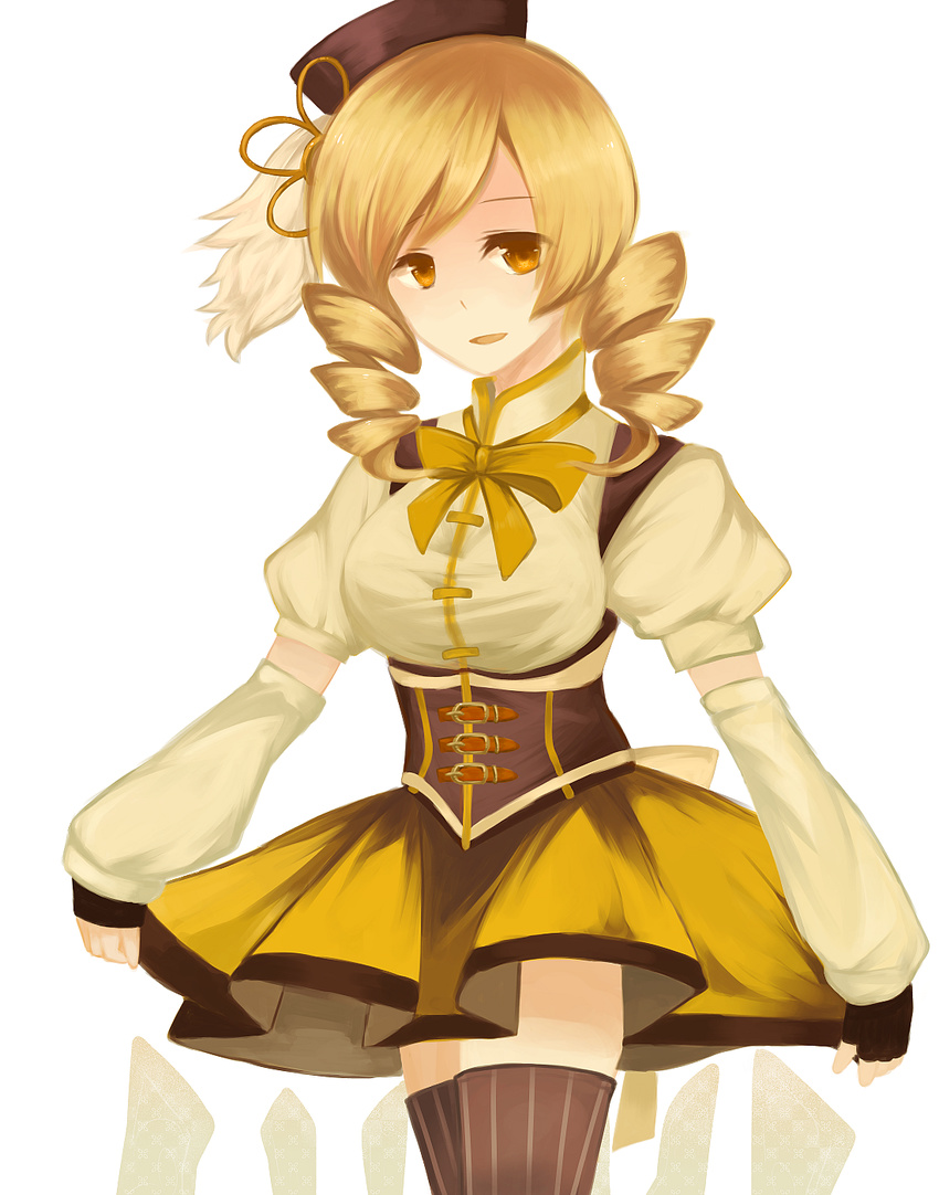 bad_id bad_pixiv_id beret blonde_hair breasts detached_sleeves drill_hair fingerless_gloves gloves hair_ornament hat highres large_breasts magical_girl mahou_shoujo_madoka_magica mizuoka_magu open_mouth pleated_skirt puffy_sleeves skirt smile solo thighhighs tomoe_mami yellow_eyes zettai_ryouiki