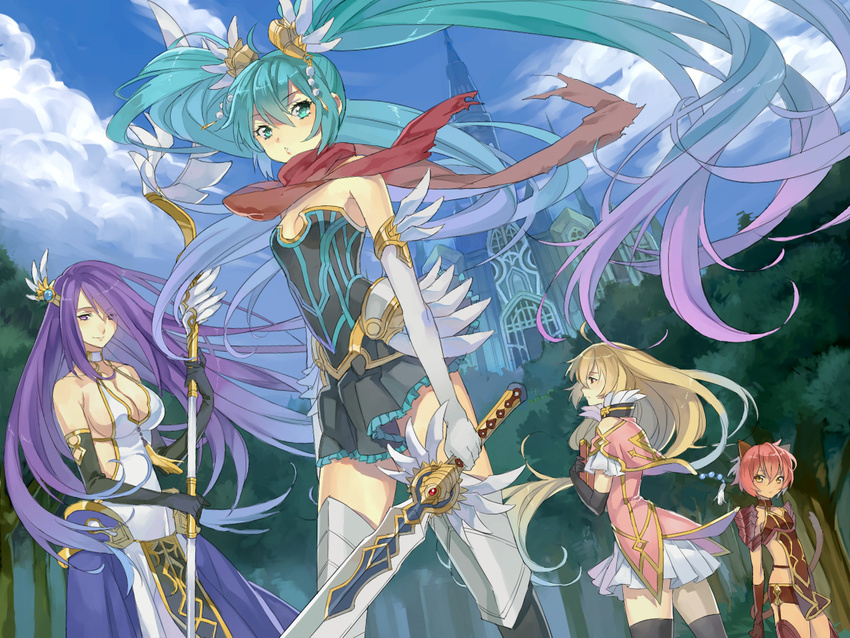 aqua_eyes aqua_hair armor blonde_hair breasts building character_request cleavage commentary_request dragon_guardian elbow_gloves gloves hair_ornament hatsune_miku long_hair multiple_girls pink_hair purple_hair red_eyes red_scarf scarf skirt sky small_breasts staff sword thighhighs tree twintails vocaloid weapon yellow_eyes yukiya
