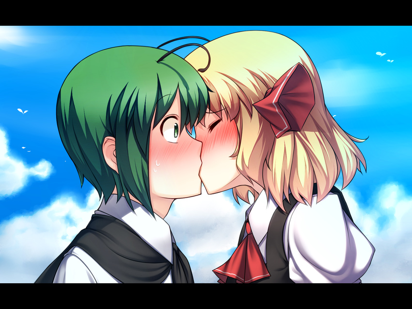 androgynous antennae blonde_hair blush cape green_eyes green_hair highres kiss letterboxed multiple_girls nakamura_kusata reverse_trap rumia short_hair surprise_kiss surprised touhou wallpaper wriggle_nightbug yuri