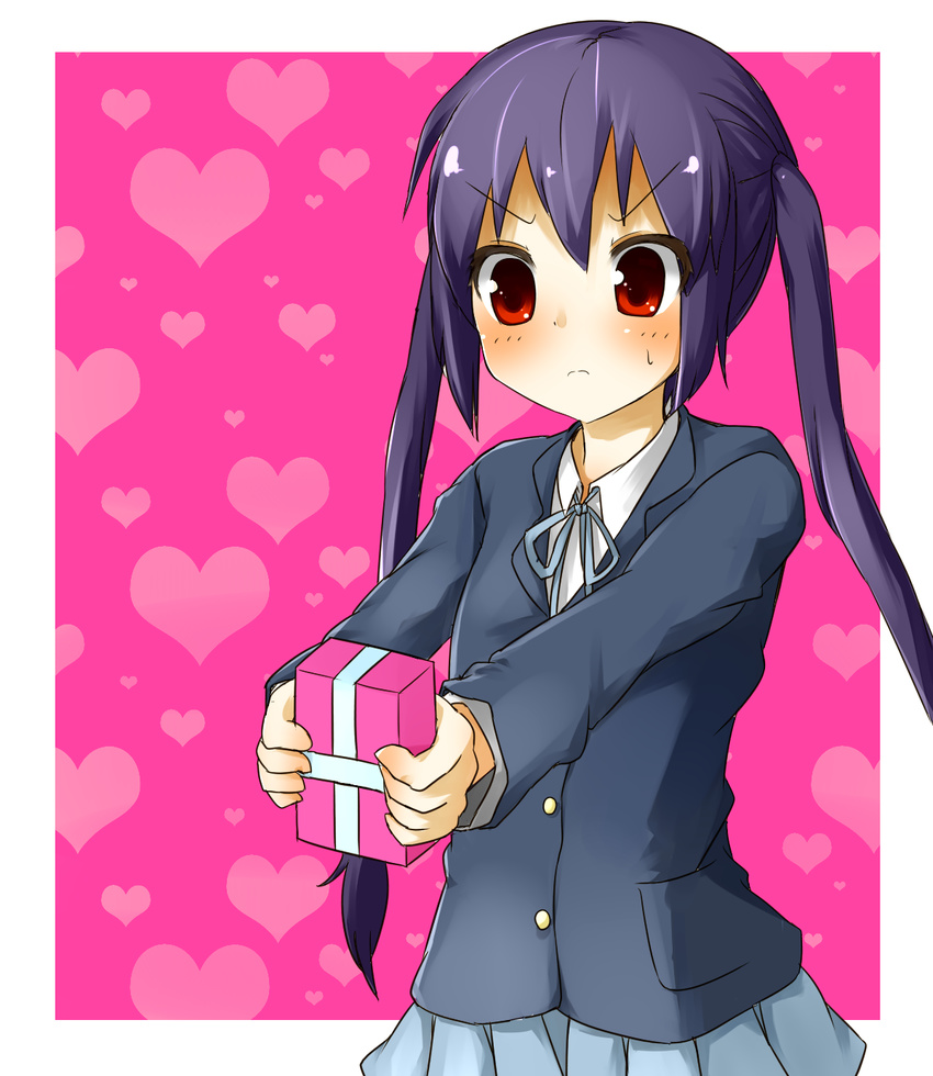 bad_id bad_pixiv_id black_hair faubynet gift highres holding holding_gift k-on! long_hair nakano_azusa school_uniform solo twintails valentine