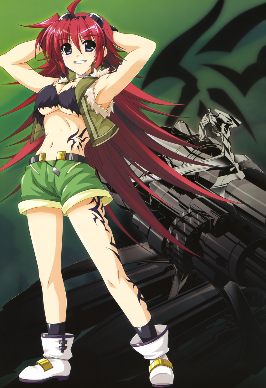 absurdres arms_behind_head arms_up arnage_of_huckebein ec_divider_code-718 goggles gun higa_yukari highres legs long_hair lyrical_nanoha mahou_senki_lyrical_nanoha_force non-web_source nyantype official_art purple_eyes red_hair shorts solo tattoo very_long_hair weapon