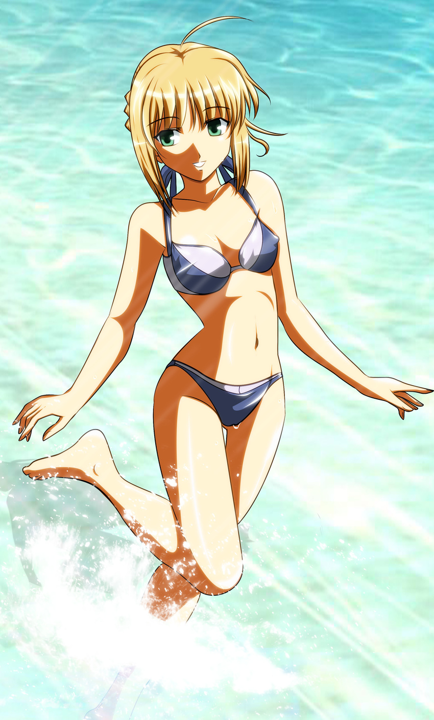 absurdres ahoge artoria_pendragon_(all) barefoot bikini blonde_hair fate/stay_night fate_(series) gentoku green_eyes hair_ribbon highres long_legs navel ocean parted_lips ribbon saber smile solo swimsuit wading water
