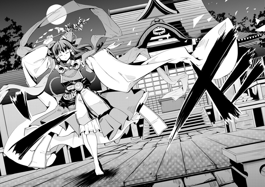 adapted_costume barefoot bow branch closed_eyes comic detached_sleeves dutch_angle full_moon gohei greyscale hair_bow hair_tubes hakurei_reimu hakurei_shrine long_hair monochrome moon oonusa ritual touhou tsurukame