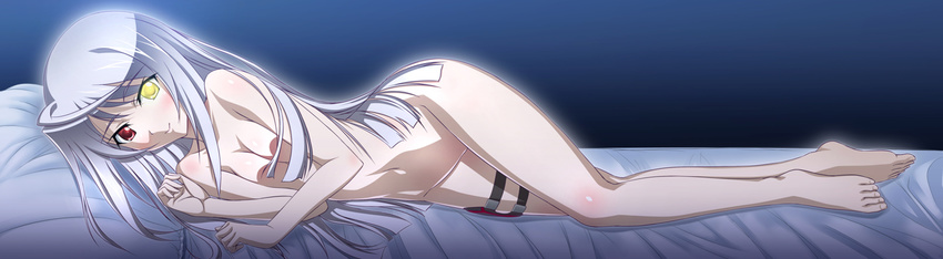 barefoot bed blue_hair blush heterochromia infinite_stratos kouun laura_bodewig long_hair lying no_eyepatch nude on_side pillow silver_hair smile solo thigh_strap