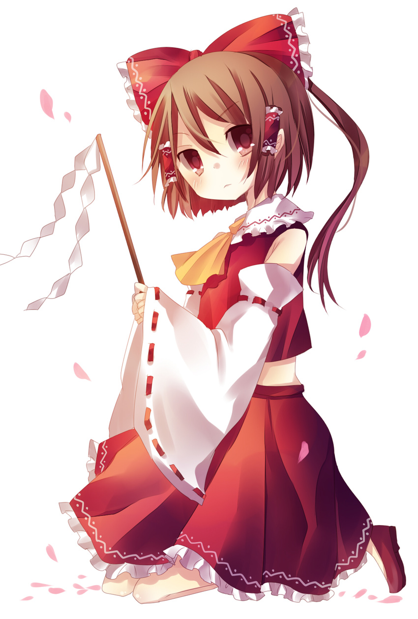 ascot bad_id bad_pixiv_id bare_shoulders bow brown_eyes brown_hair detached_sleeves hair_bow hair_tubes hakurei_reimu highres holding kusada_souta petals red_eyes ribbon simple_background skirt sleeves_past_wrists solo touhou white_background wind
