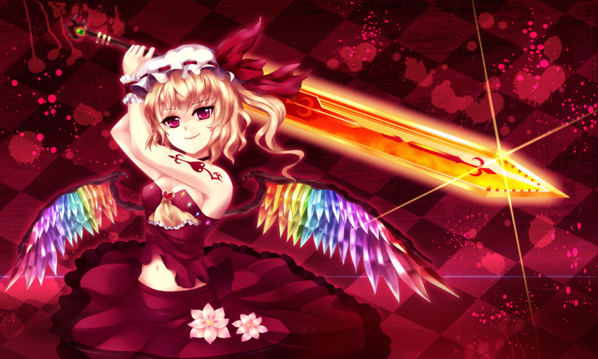 alternate_wings blonde_hair breasts checkered cleavage flandre_scarlet flower greave_(asterism) hat laevatein midriff rainbow_order red_eyes short_hair side_ponytail small_breasts solo strapless sword tattoo touhou tubetop weapon wings