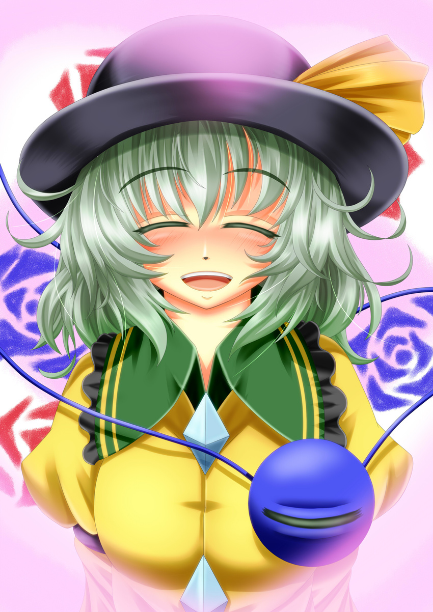 absurdres archienemy blush closed_eyes eyeball flower green_hair hat highres komeiji_koishi open_mouth smile solo touhou
