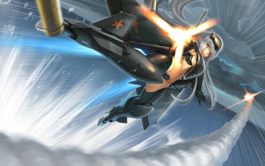 aircraft airplane august1st china flyx2 highres j-20 long_hair mecha_musume original red_eyes shell_casing silver_hair solo