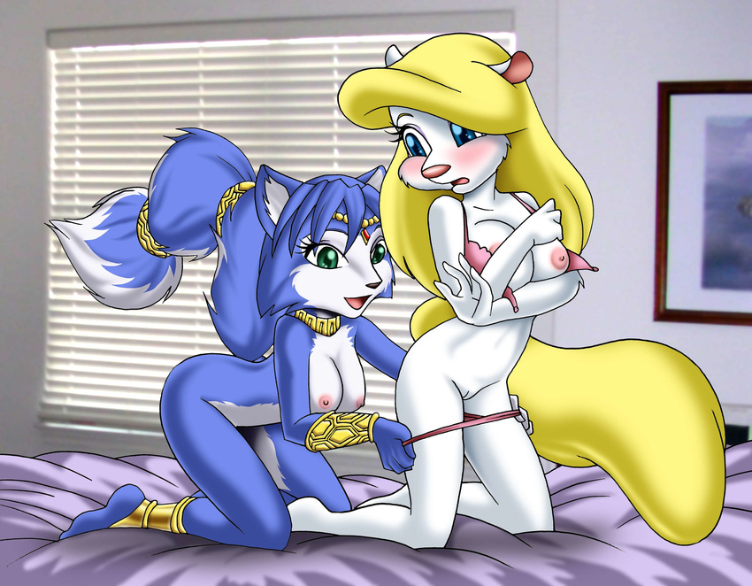 absurd_res animaniacs barefoot bed blonde_hair blue_hair blush bra bracelet breasts canine circlet crossover female fox hair hi_res jewelry kneeling krystal leg_band lesbian lingerie long_blonde_hair long_hair minerva_mink mink necklace nintendo nude panties pussy rodent squirrel star_fox tail tail_band underwear undressing unknown_artist video_games
