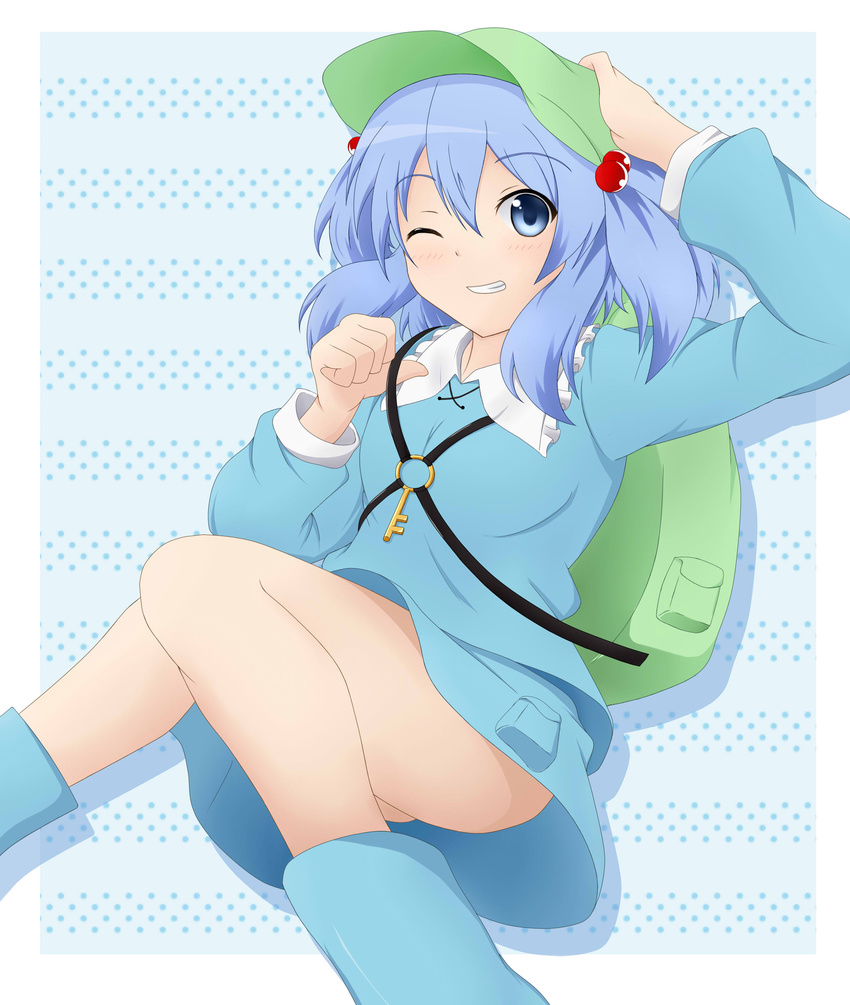 absurdres backpack bag blue_eyes blue_hair blush dress hair_bobbles hair_ornament hand_on_own_head hat highres kawashiro_nitori key kochiya_hizuki one_eye_closed short_hair smile solo touhou two_side_up