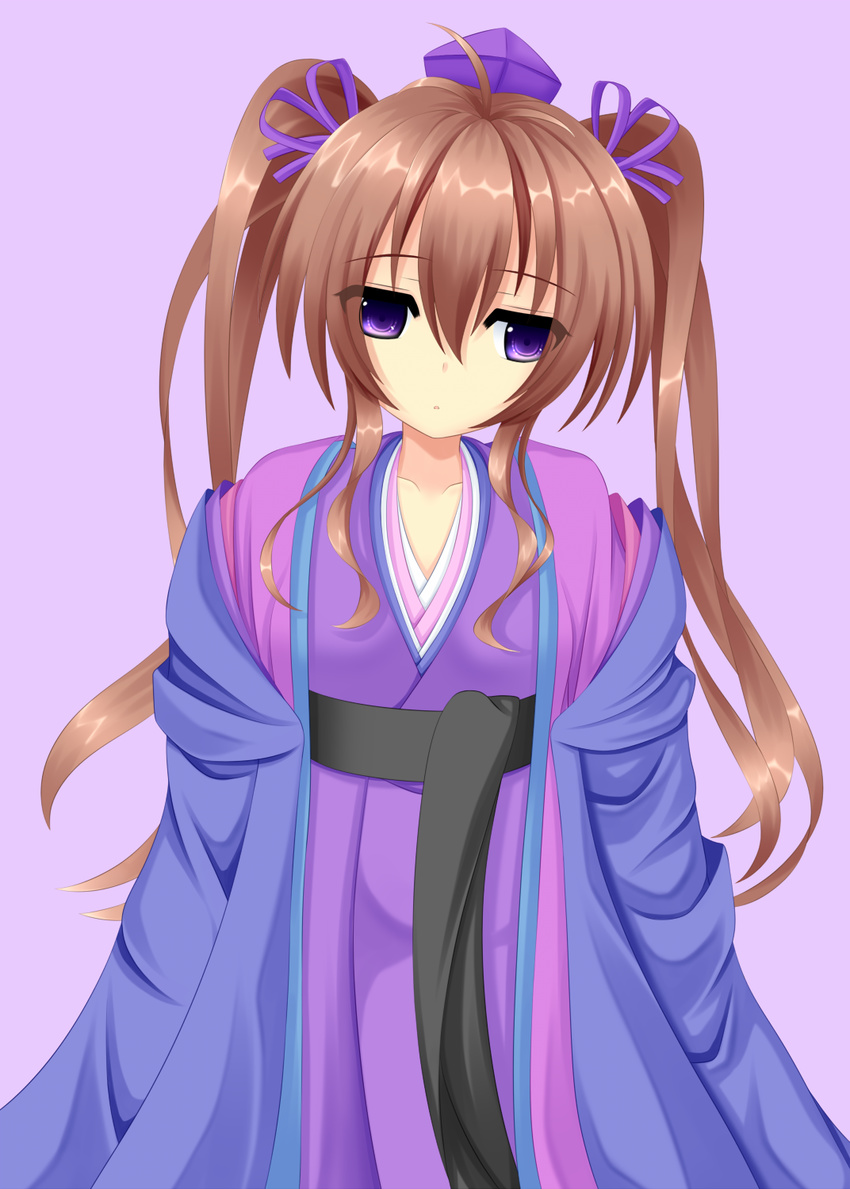 alternate_costume brown_hair highres himekaidou_hatate japanese_clothes kimono purple_eyes solo touhou twintails yoye_(pastel_white)