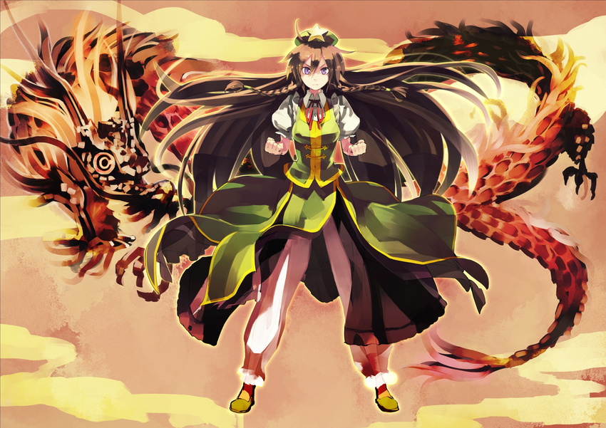 &gt;:( braid brown_hair china_dress chinese_clothes dragon dress eastern_dragon frown hat highres hong_meiling long_hair pants pants_under_dress puffy_sleeves purple_eyes revision shihou_(g-o-s) side_braid solo star touhou v-shaped_eyebrows