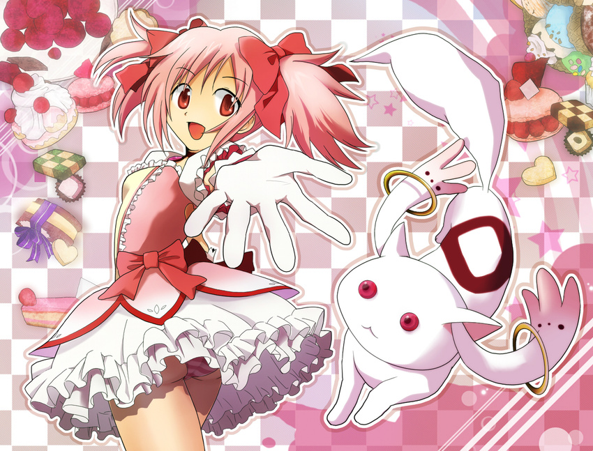 :d bad_id bad_pixiv_id bow bubble_skirt checkered dessert food gloves hair_bow hair_ribbon kaname_madoka kyubey magical_girl mahou_shoujo_madoka_magica open_mouth outstretched_arm outstretched_hand panties pantyshot pastry pink_eyes pink_hair ra3 ribbon short_hair short_twintails skirt smile striped striped_panties twintails underwear