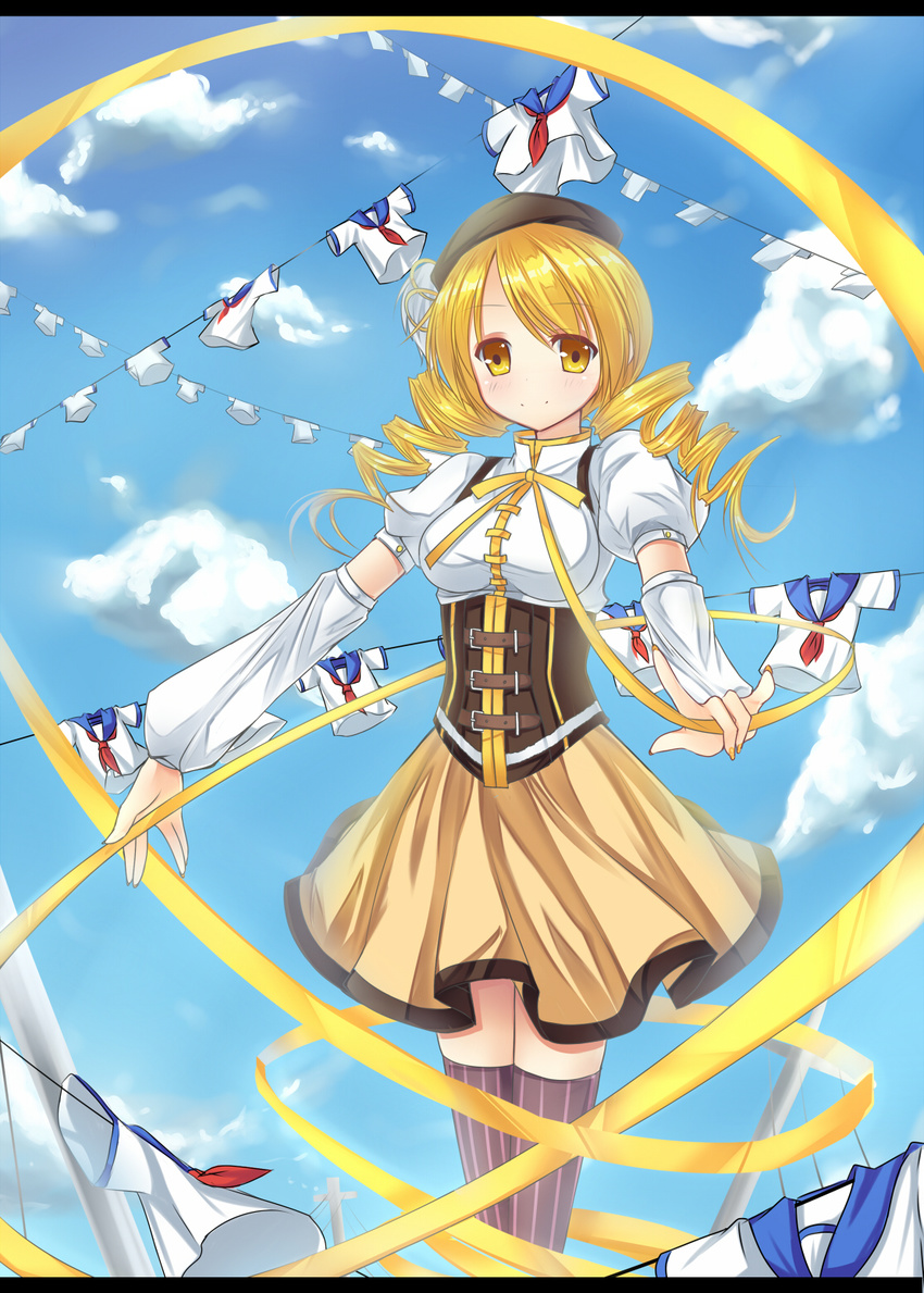 amemiya_ruki detached_sleeves drill_hair highres letterboxed mahou_shoujo_madoka_magica puffy_sleeves ribbon school_uniform solo striped striped_legwear thighhighs tomoe_mami witch's_labyrinth zettai_ryouiki