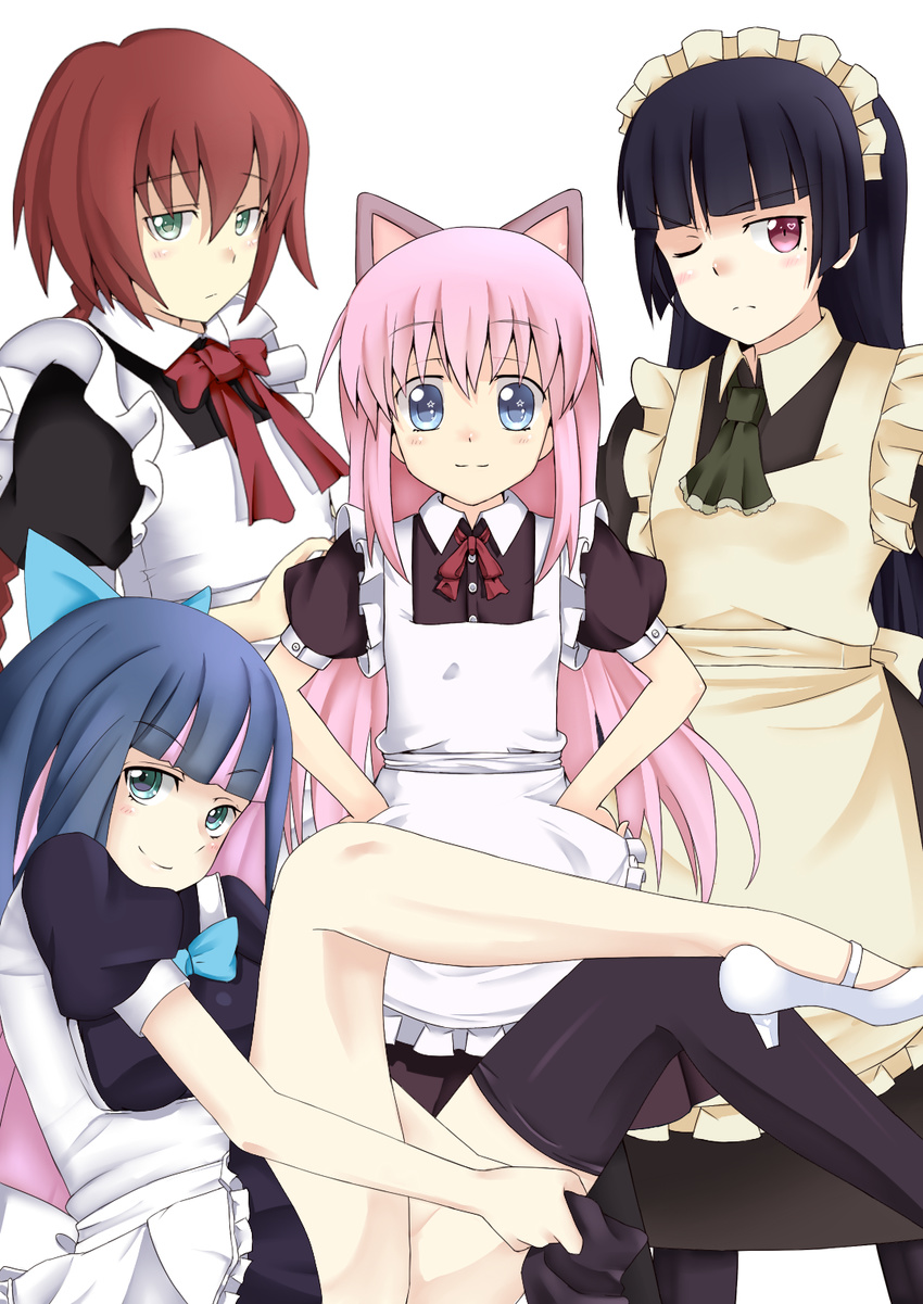 animal_ears bad_id bad_pixiv_id black_hair blue_eyes blue_hair cat_ears crossover darker_than_black gokou_ruri green_eyes highres long_hair maid maid_headdress mole mole_under_eye multiple_crossover multiple_girls ore_no_imouto_ga_konna_ni_kawaii_wake_ga_nai panty_&amp;_stocking_with_garterbelt pink_hair raisei red_eyes red_hair sherlock_shellingford short_hair stocking_(psg) suou_pavlichenko tantei_opera_milky_holmes thighhighs