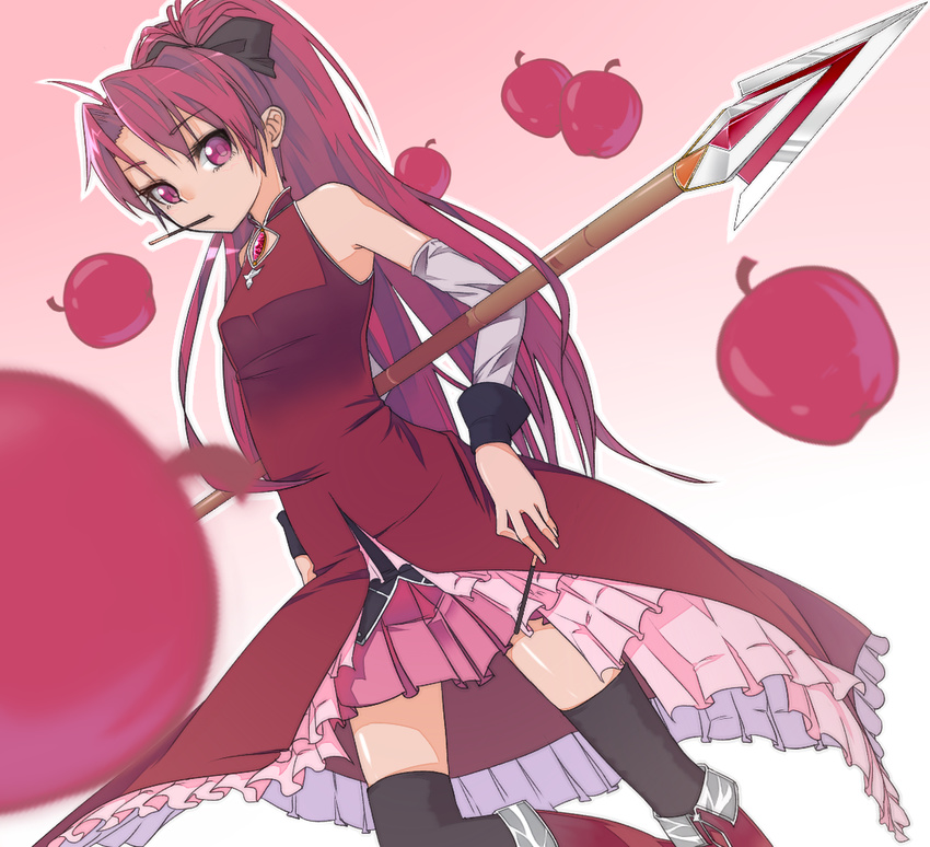 apple bare_shoulders black_legwear blurry boots depth_of_field detached_sleeves dutch_angle food fruit ibuki_notsu mahou_shoujo_madoka_magica mouth_hold pink_eyes pocky polearm ponytail red_eyes red_hair sakura_kyouko simple_background solo spear thighhighs weapon