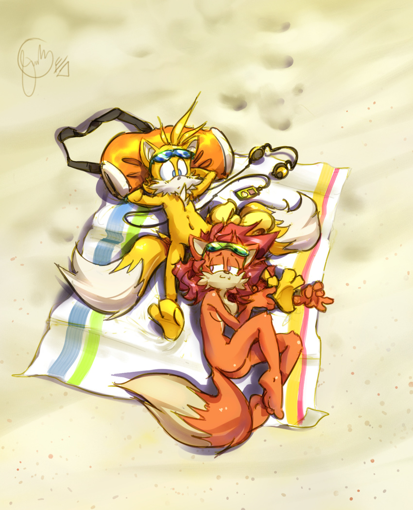 beach blanket canine cute edtropolis female fiona_fox fox hindpaw male miles_prower nude relaxing seaside sonic_(series) summer sunglasses tickle