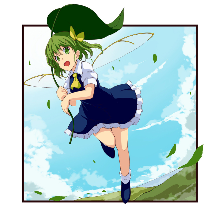 bad_id bad_pixiv_id blue_skirt cloud daiyousei day fairy green_eyes green_hair highres leaf leaf_umbrella skirt sky solo touhou tsuttsu wings