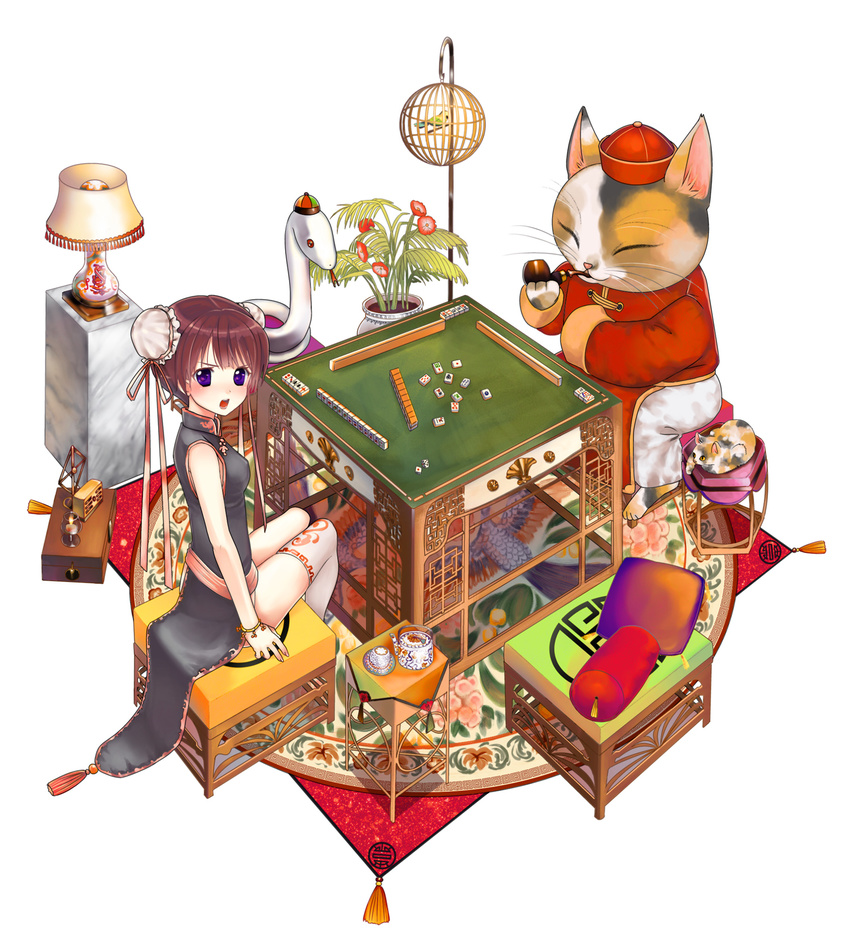 board_game brown_hair bun_cover cat china_dress chinese_clothes double_bun dress highres mahjong original playing_games purple_eyes single_thighhigh snake thighhighs yuuki_rika