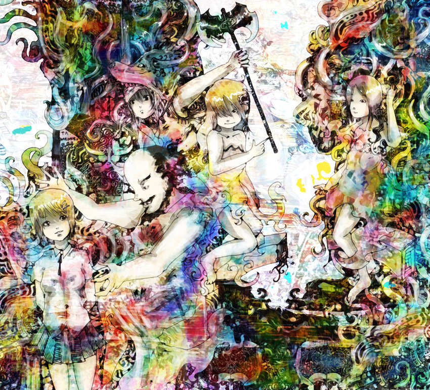 4girls abstract axe colorful deepwood1988 highres multiple_girls original surreal weapon