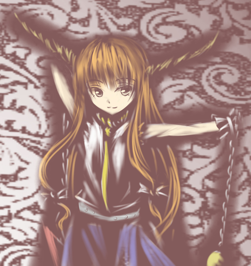 brown_hair chain fukunaga_kazuhiro highres horns ibuki_suika long_hair smile solo touhou traditional_media upper_body