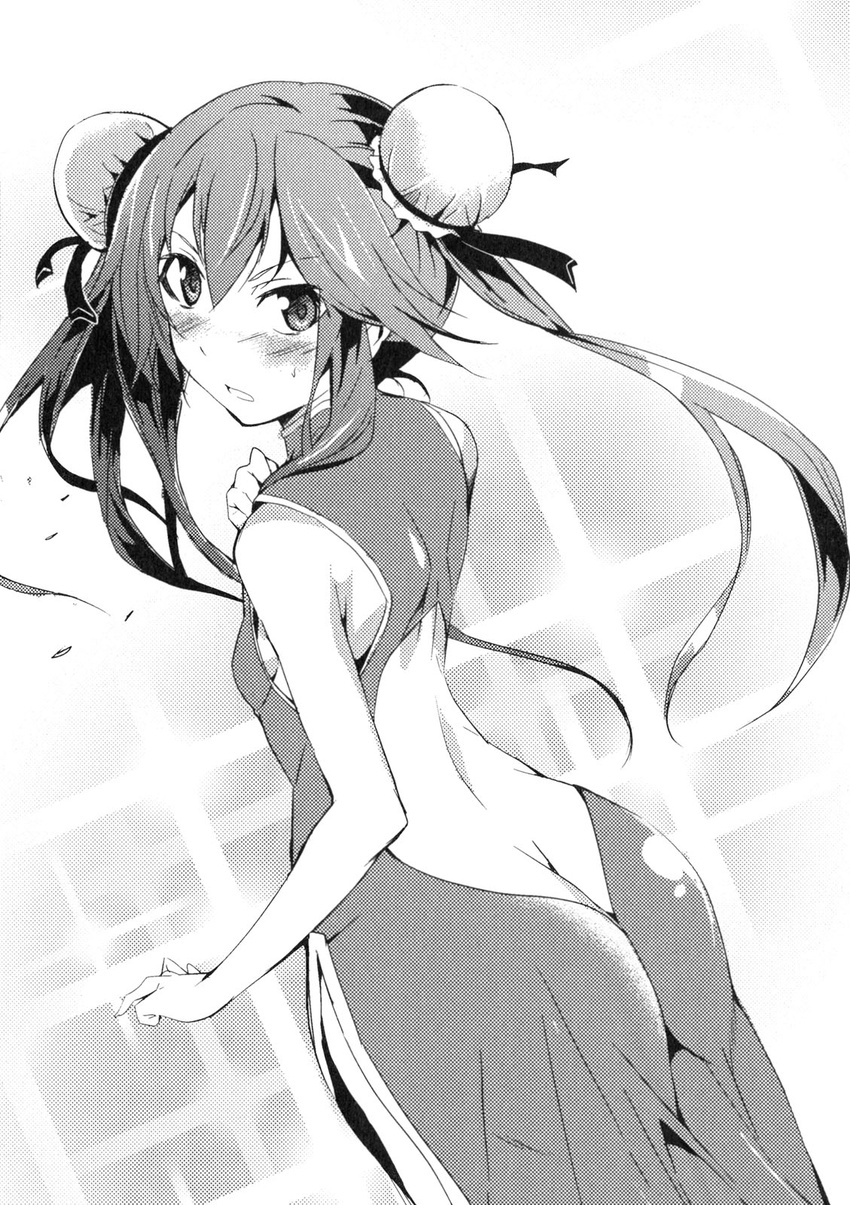 ass back bare_shoulders blush butt_crack china_dress chinese_clothes dress highres huang_lingyin infinite_stratos looking_back monochrome solo twintails