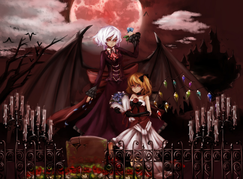 alternate_costume bare_shoulders bat_wings black_sclera blonde_hair blue_flower blue_rose bouquet candelabra candle castle choker dress elbow_gloves emerane fence flandre_scarlet flower full_moon gloves highres moon multiple_girls no_hat no_headwear red_eyes red_moon remilia_scarlet rose short_hair siblings side_ponytail silhouette sisters strapless strapless_dress tears tombstone touhou white_hair wings