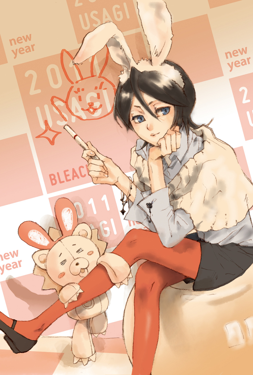 2011 animal_ears black_hair bleach blue_eyes bunny_ears hair_between_eyes highres hiroyuki_(h-n) kon kuchiki_rukia mary_janes new_year orange_legwear pantyhose pen shirt shoes short_hair sitting skirt solo sweater