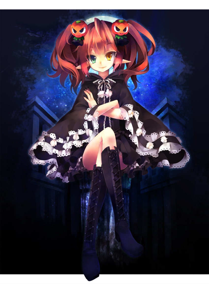bad_id bad_pixiv_id boots crossed_arms crossed_legs dress hair_ornament heterochromia highres pixiv_fantasia pixiv_fantasia_5 pointy_ears ringpearl sitting solo twintails