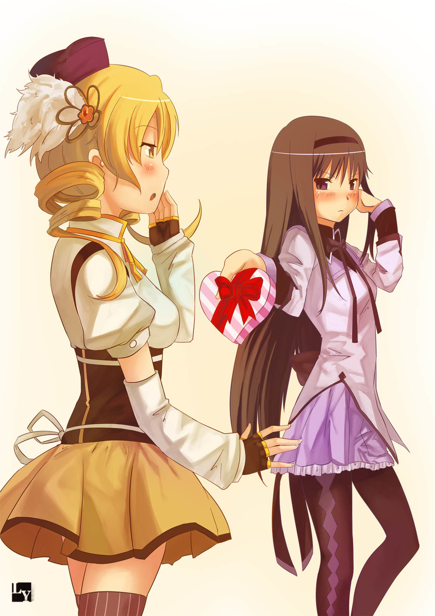 akemi_homura black_hairband blonde_hair blush box brown_hair covering_mouth detached_sleeves drill_hair fingerless_gloves gift gloves hair_flip hairband hat heart-shaped_box highres holding holding_gift long_hair mahou_shoujo_madoka_magica multiple_girls nanaya_(daaijianglin) pantyhose purple_eyes purple_skirt school_uniform skirt thighhighs tomoe_mami valentine yellow_eyes yuri zettai_ryouiki