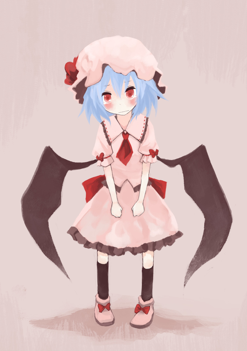 absurdres bad_id bad_pixiv_id bat_wings blue_hair bow hat highres mugi_(banban53) red_eyes remilia_scarlet short_hair solo standing tears touhou wings