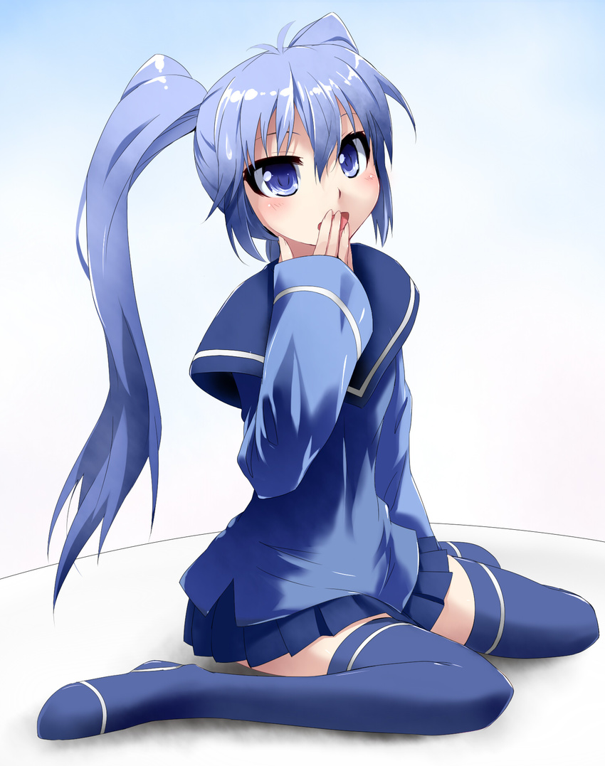 bad_id bad_pixiv_id blue_eyes blue_hair blush boots grune hand_to_own_mouth highres imaichi_moenai_ko kobe_shinbun school_uniform sitting skirt sleeves_past_wrists solo thigh_boots thighhighs twintails wariza zettai_ryouiki