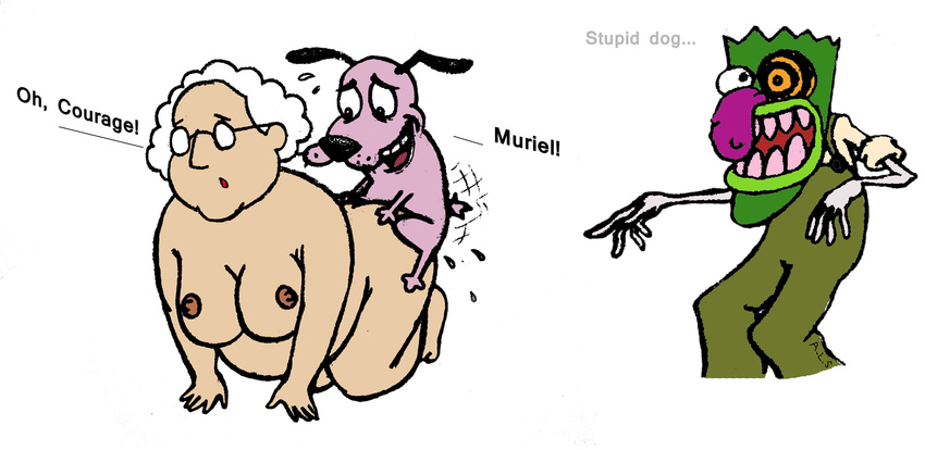 all_fours bestiality breasts canine courage courage_the_cowardly_dog dialog dialogue dog doggystyle english_text eustace_bagge fat female feral from_behind group hi_res human interspecies male mammal mask more_to_love muriel_bagge nipples nude overweight sex size_difference straight text unknown_artist what zoo