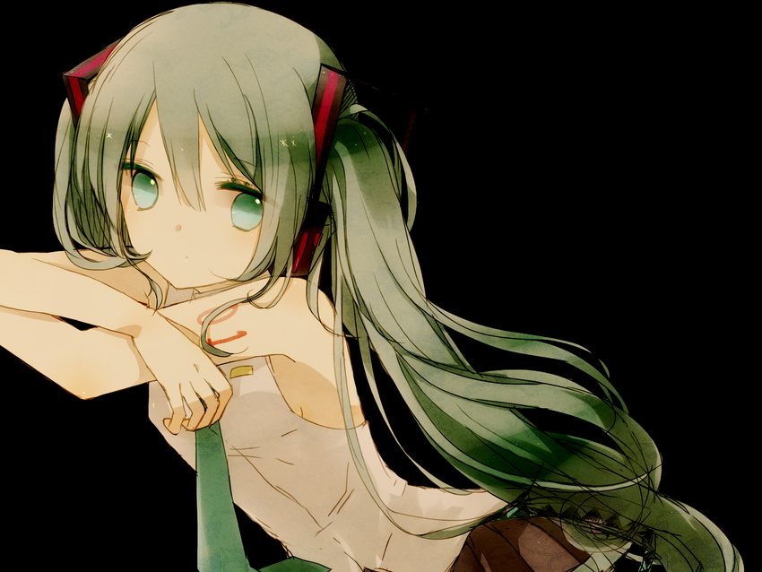 green_eyes green_hair hatsune_miku highres long_hair necktie simple_background solo syutyou twintails very_long_hair vocaloid