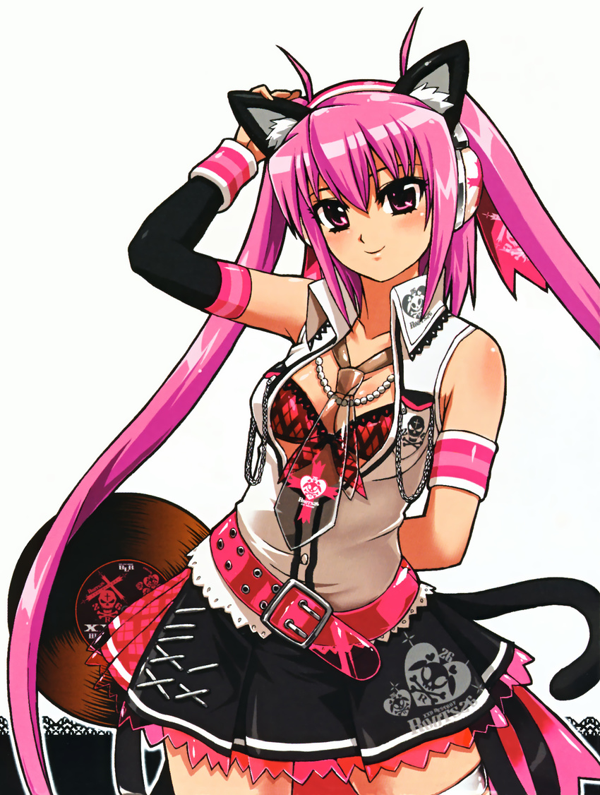 absurdres animal_ears armband artist_request beatmania beatmania_iidx belt blush bra breasts cat_ears cat_tail chain cleavage elbow_gloves front-tie_top gloves headphones highres jewelry lingerie long_hair medium_breasts mizushiro_celica necklace necktie open_clothes open_shirt pink_eyes pink_hair pleated_skirt shirt simple_background skirt smile solo tail thighhighs twintails underwear very_long_hair wristband zettai_ryouiki