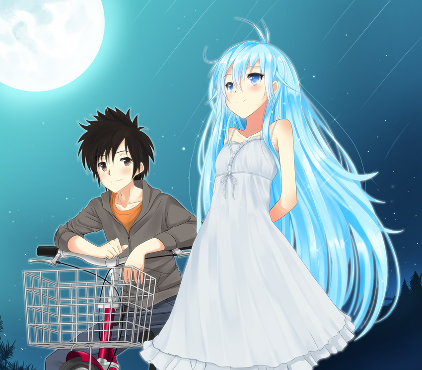 1girl arms_behind_back bad_id bad_pixiv_id bangs basket bicycle bicycle_basket black_hair blue_eyes blue_hair blush brown_eyes denpa_onna_to_seishun_otoko dress full_moon glowing glowing_hair ground_vehicle hood hood_down hoodie jacket long_hair looking_away masamuuu moon night night_sky niwa_makoto sitting sky sleeveless sleeveless_dress smile spaghetti_strap standing star sundress touwa_erio very_long_hair white_dress