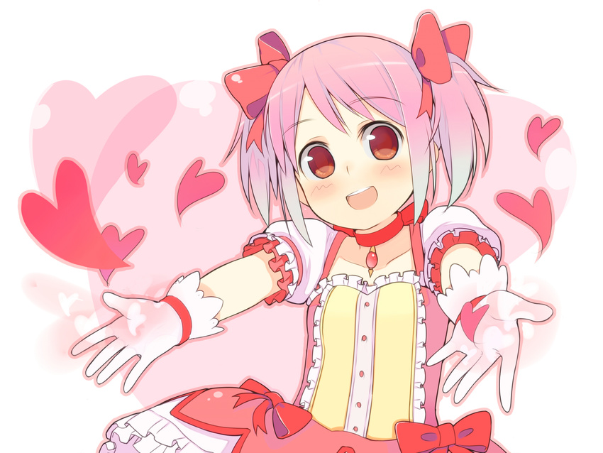 blush brown_eyes child choker dress gloves happy heart highres kaname_madoka mahou_shoujo_madoka_magica oza_watto pink_hair puffy_sleeves red_choker short_twintails smile solo twintails