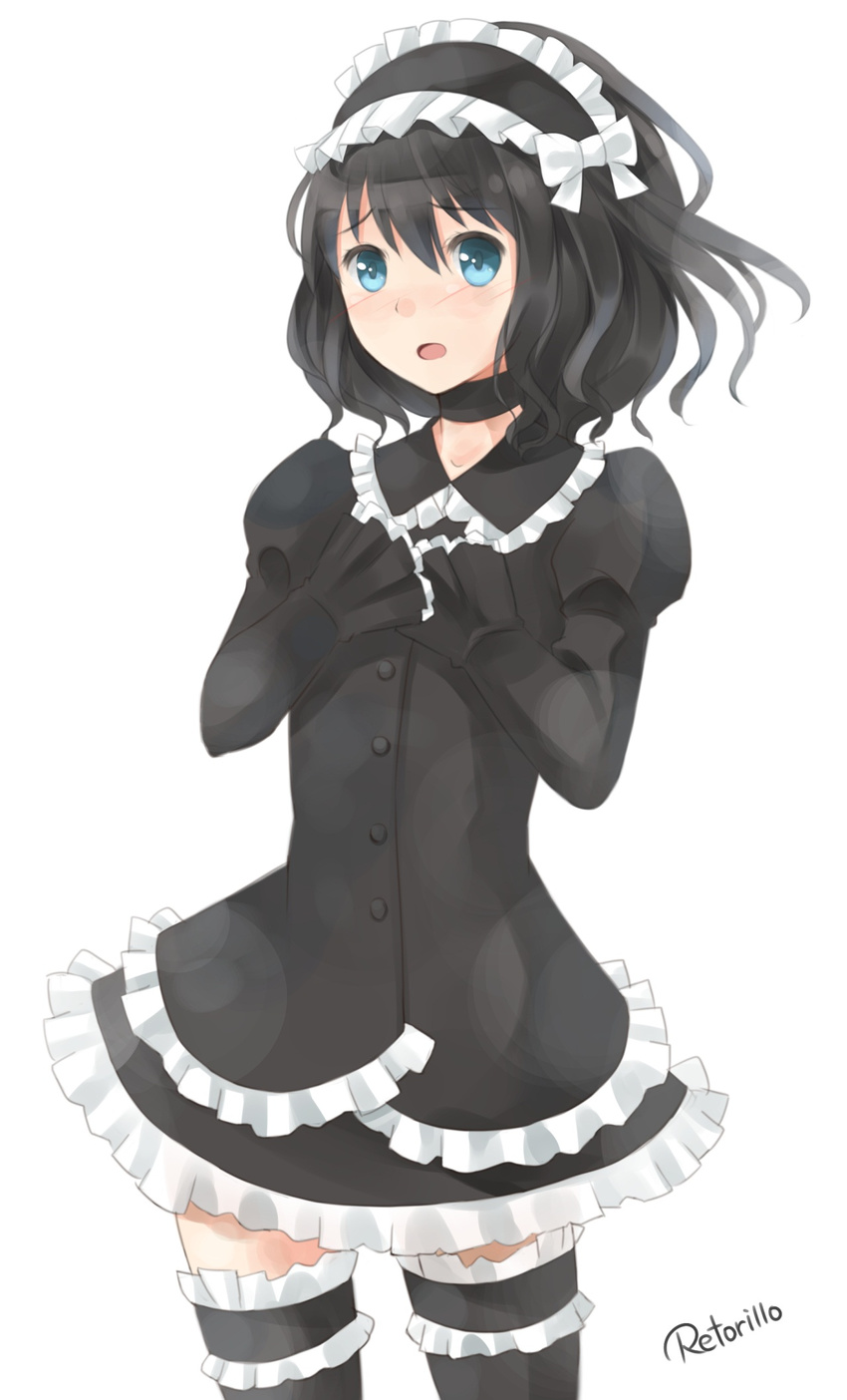 bad_id bad_pixiv_id black_hair blue_eyes blush choker dress gothic_lolita hairband highres lolita_fashion original retorillo saine_(retorillo) short_hair sleeves_past_wrists solo thighhighs zettai_ryouiki