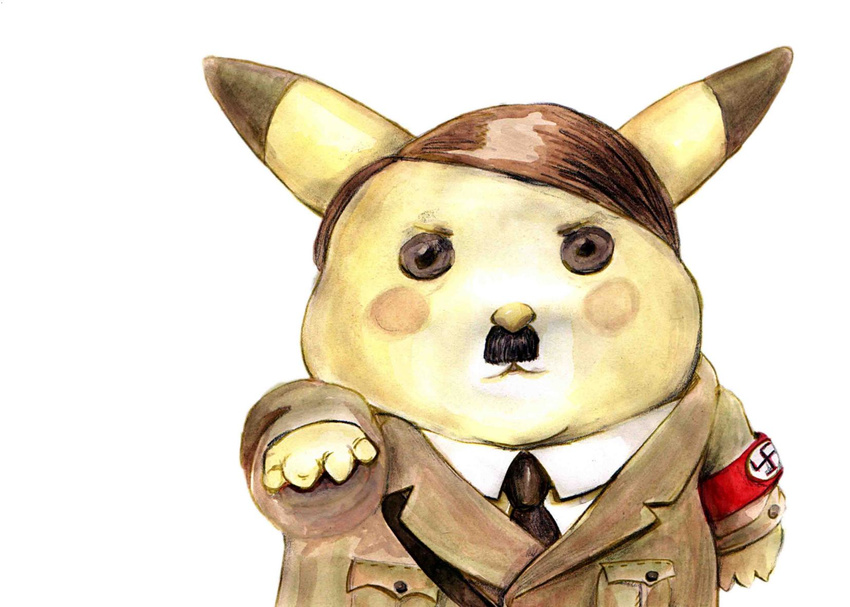 adolf_hitler black_eyes black_hair formal highres male male_focus nazi pikachu pokemon suit