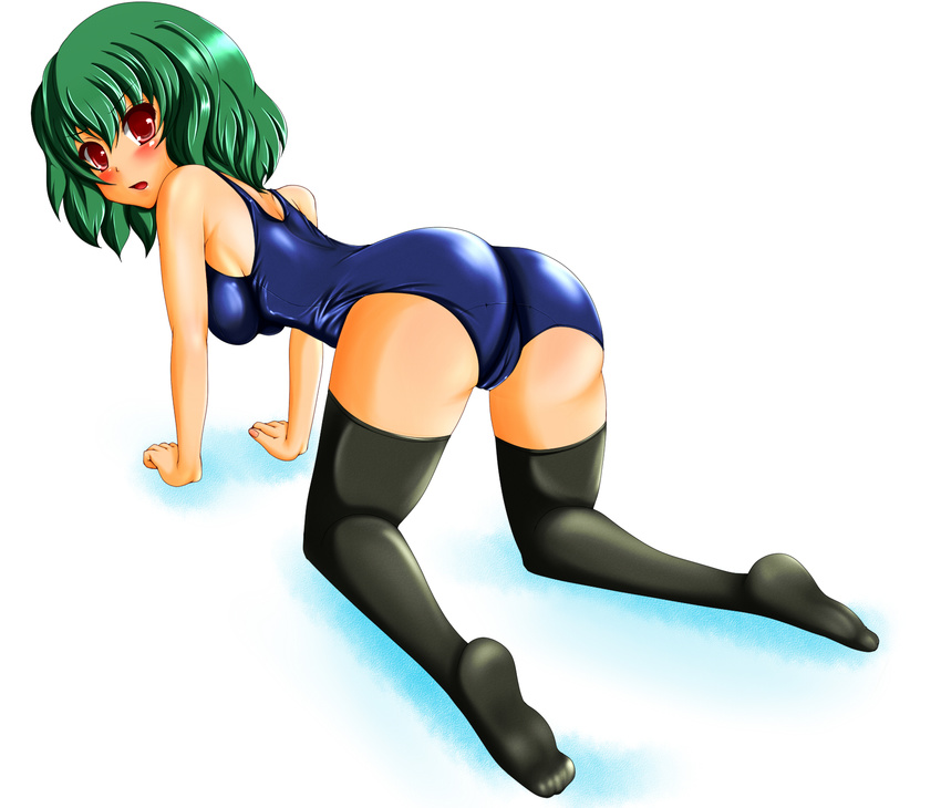 all_fours ass bad_id bad_pixiv_id black_legwear blush breasts feet from_behind green_hair highres kazami_yuuka looking_back medium_breasts one-piece_swimsuit red_eyes school_swimsuit shiny shiny_clothes short_hair solo swimsuit tera_hiroshi thighhighs touhou