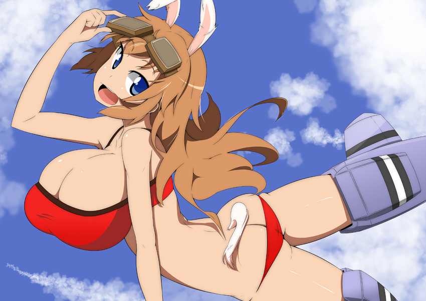 animal_ears ass bikini blue_eyes breasts brown_hair bunny_ears butt_crack charlotte_e_yeager cloud day flying goggles goggles_on_head huge_breasts long_hair lowleg open_mouth sky smile solo strike_witches striker_unit swimsuit tail toudori world_witches_series