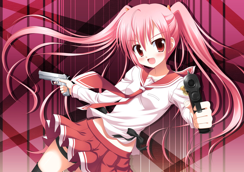 blush dual_wielding gun handgun hidan_no_aria holding kanzaki_h_aria long_hair pink_hair pistol smile solo twintails weapon