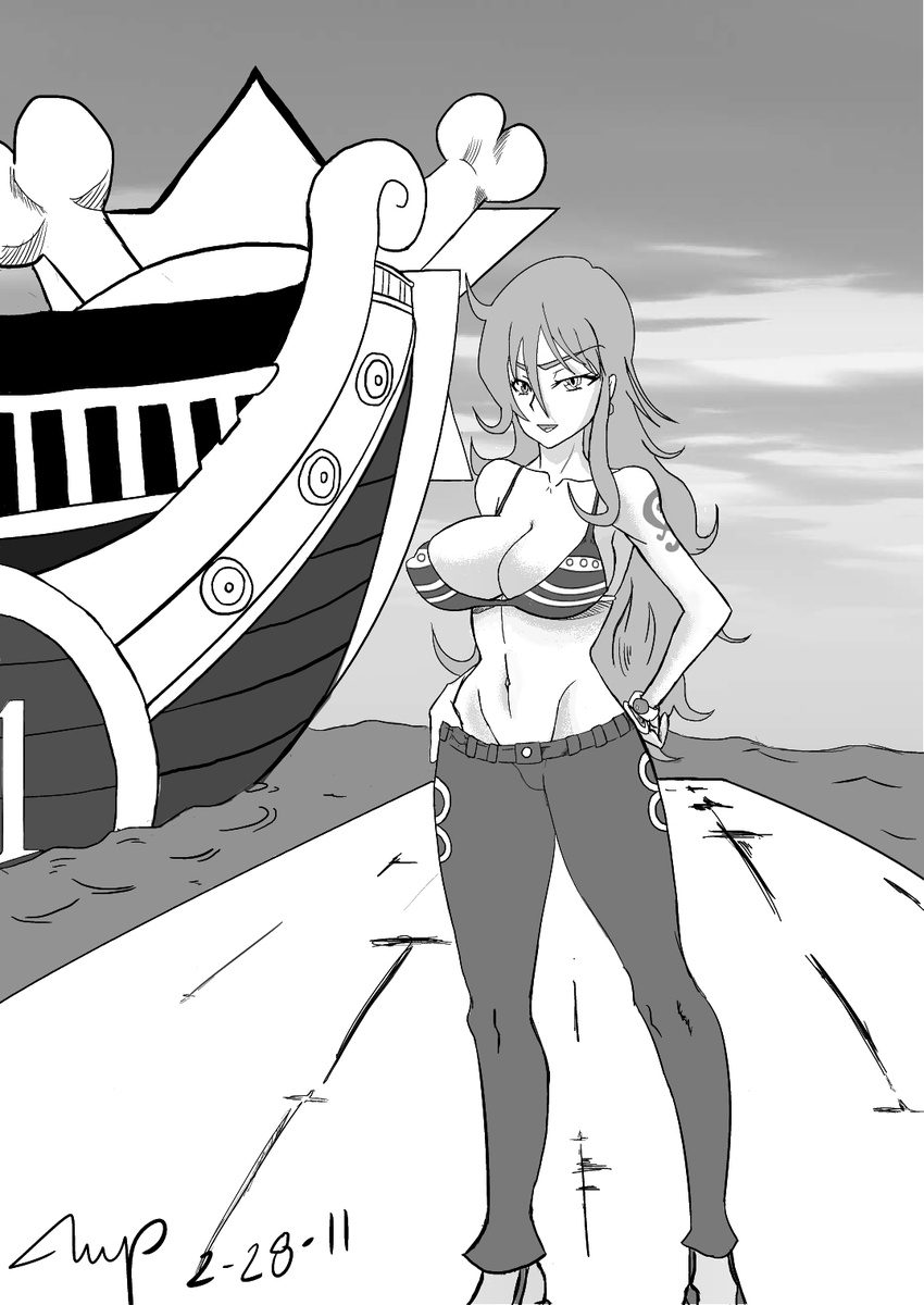 artist_request bangle bikini_top bracelet breasts dated earrings greyscale groin highres jewelry large_breasts log_pose long_hair monochrome nami_(one_piece) navel one_piece signature solo tattoo thousand_sunny water