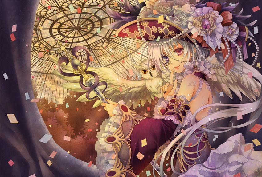 bad_id bad_pixiv_id bare_back bare_shoulders bird confetti decorations detached_sleeves earrings finger_to_mouth flower flying_paper hat hat_flower heterochromia jewelry light_smile nitou_akane original owl paper pearl pink_eyes purple_eyes ring rose solo staff white_flower white_hair white_rose