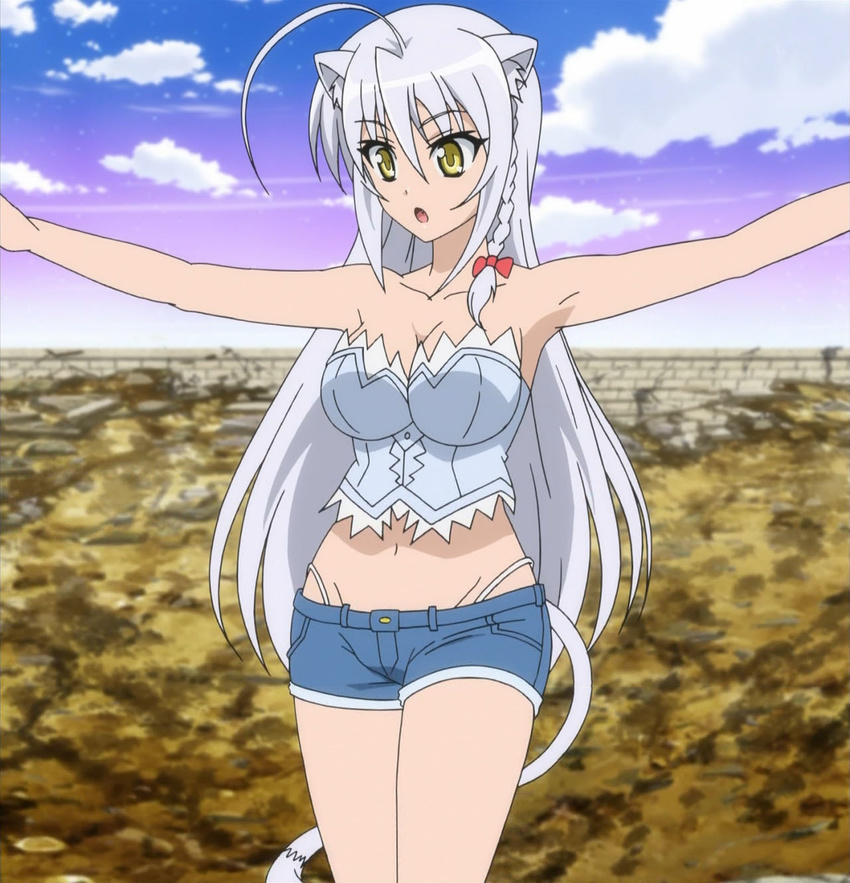 animal_ears breasts busty cap cat_ears cat_girl cat_tail cleavage dog_days female gray_hair grey_hair highres legs leonmitchelli_galette_des_rois long_hair outdoors screencap shorts sky solo tail thighs yellow_eyes