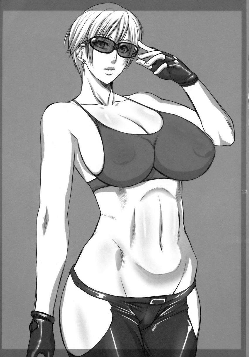 bra breasts chaps curvy earrings fingerless_gloves g-panda gloves highres jewelry king_(snk) king_of_fighters kof large_breasts lingerie midou_tsukasa monochrome mound_of_venus navel short_hair sideboob snk sports_bra sunglasses underwear