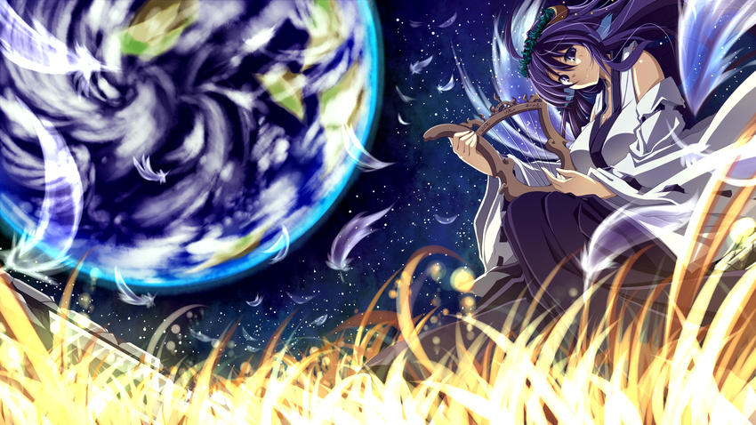 blurry depth_of_field detached_sleeves earth feathers grass harp highres instrument japanese_clothes light_smile long_hair miko original purple_eyes purple_hair rondo_umigame sky solo space star_(sky) starry_sky