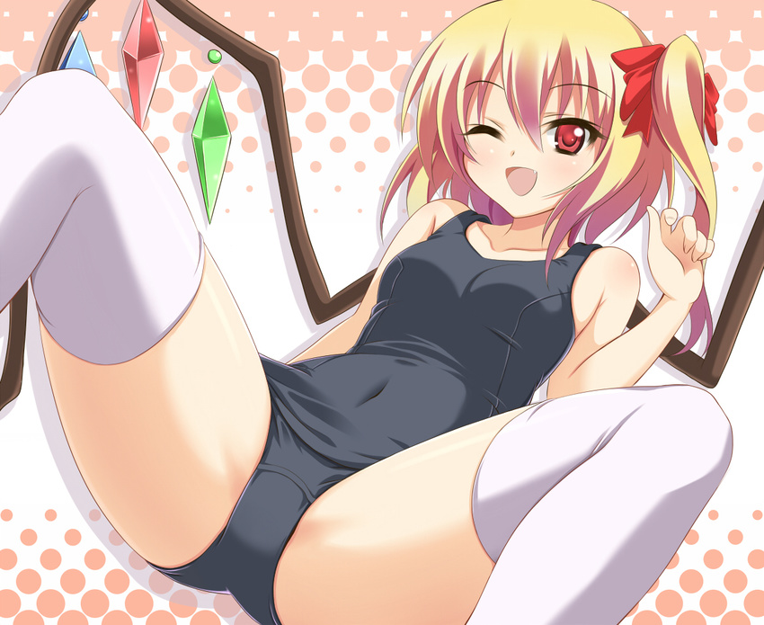 :d ;d bad_id bad_pixiv_id bare_shoulders blonde_hair covered_navel dansa fang flandre_scarlet halftone halftone_background legs one-piece_swimsuit one_eye_closed open_mouth red_eyes school_swimsuit short_hair side_ponytail smile solo spread_legs swimsuit thick_thighs thighhighs thighs touhou white_legwear wings