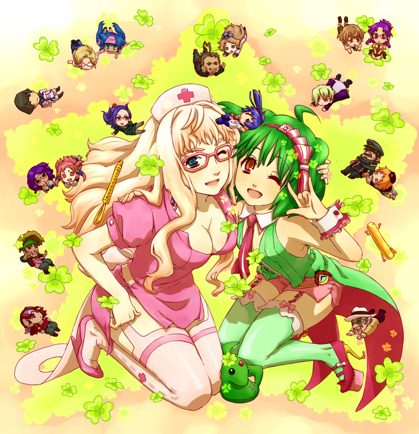 6+girls \m/ ai-kun alien bad_id bad_pixiv_id bespectacled blonde_hair blue_eyes bobby_margot breasts brera_sterne canaria_berstein catherine_glass cellphone chibi cleavage elmo_kridanik everyone fang glasses grace_o'connor green_hair green_legwear hand_on_shoulder hat highres jeffrey_wilder klan_klein large_breasts luca_angeloni macross macross_frontier macross_frontier:_sayonara_no_tsubasa matsuura_nanase meltrandi mikhail_buran mina_roshan miniboy minigirl mishima_leon monica_lang multiple_boys multiple_girls n.u.n.s. nurse nurse_cap one_eye_closed open_mouth ozma_lee parody phone pink_legwear ram_hoa ranka_lee red_eyes s.m.s. saotome_alto sheryl_nome small_breasts thighhighs vajra yomoya zentradi