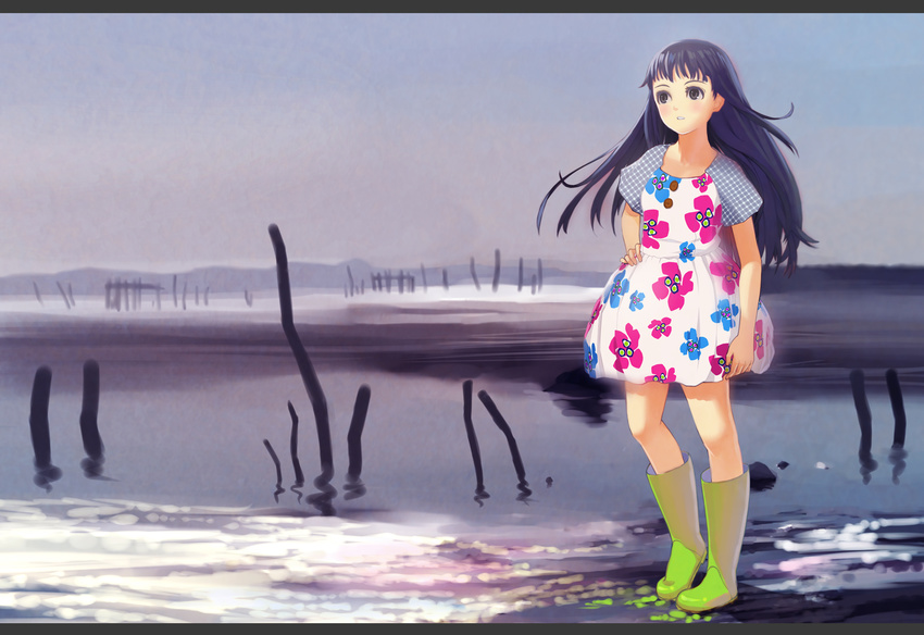 bad_id bad_pixiv_id black_hair boots brown_eyes dress hand_on_hip knee_boots letterboxed original rubber_boots solo tko_(hhan) water